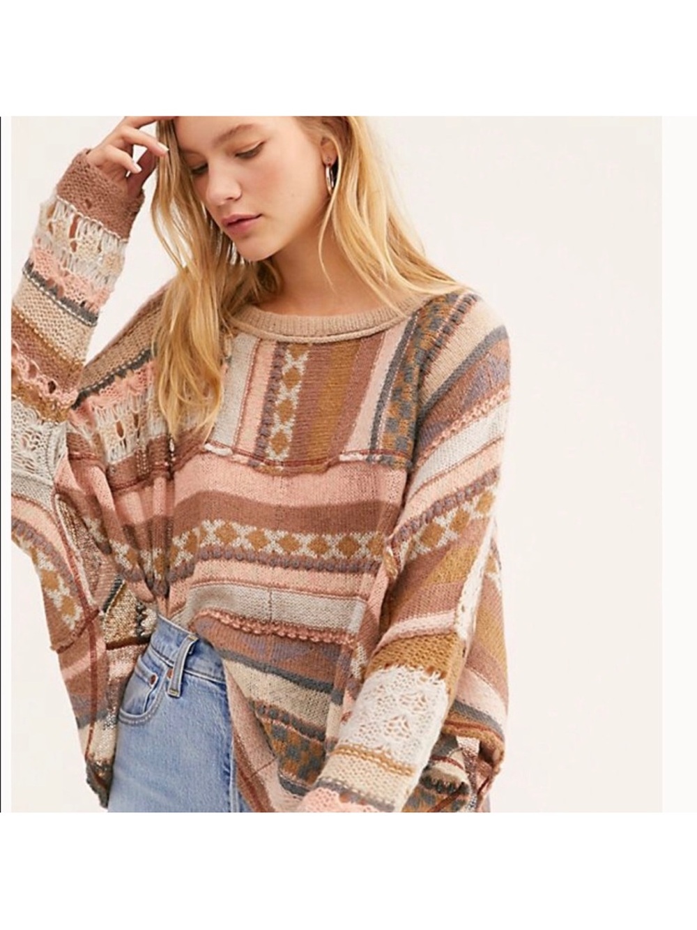 FREE PEOPLE DECEMBER SKIES STRIPED KNIT PONCHO SWEATER FOREST COMB